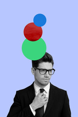 Vertical poster art photo collage of happy businesswoman businessman stand geometric figure...