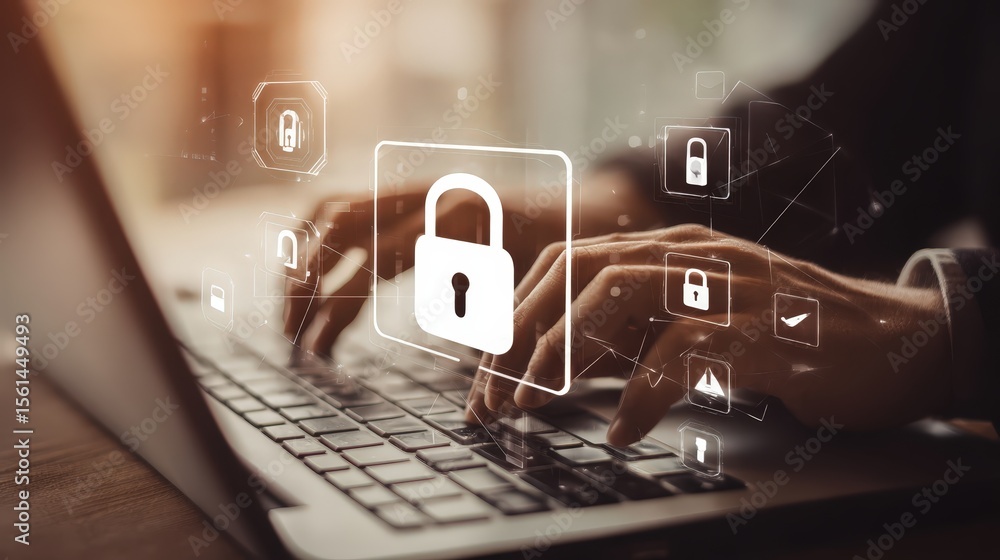 Poster hands typing on a laptop with security icons overlaid.