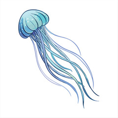 Fototapeta premium Elegant cartoon jellyfish with flowing blue tentacles and translucent bell isolated on transparent background