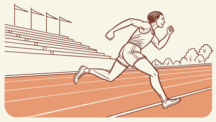 Illustration of a runner sprinting on a track with stadium seating and flags in the background view