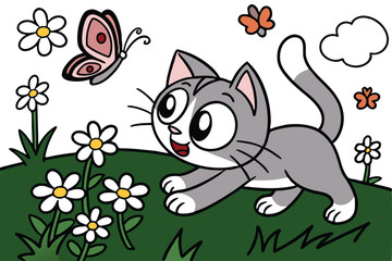 Whimsical cartoon cat chasing a butterfly in a vibrant colorful background