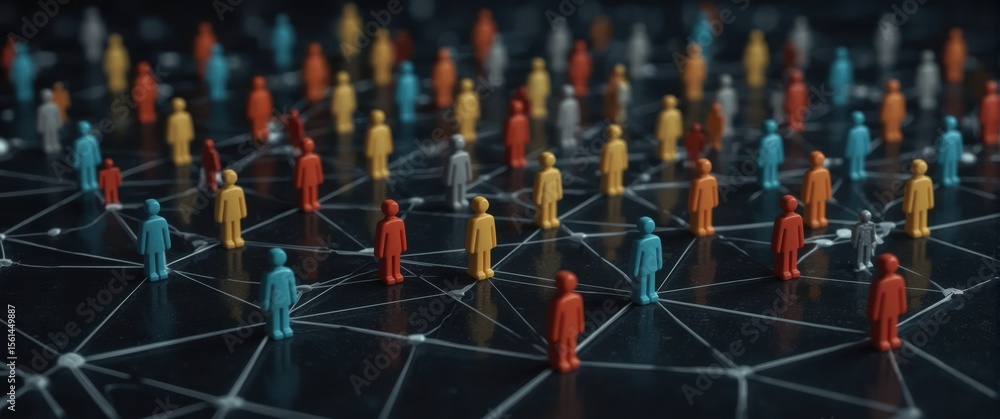 Poster connected figures: a network of diverse individuals interconnected, symbolizing unity and collaborat
