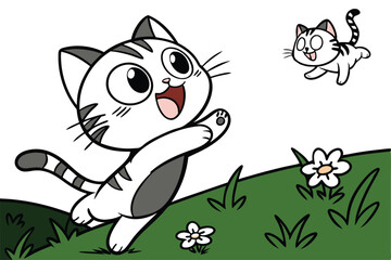 Adorable cartoon cat in various playful and energetic jumping poses