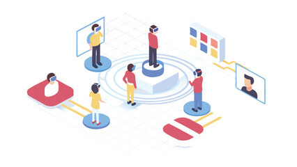 Isometric illustration of people using vr headsets connected to a virtual reality network environment