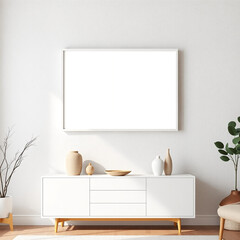 frame mockup of a blank canvas in a modern dining room stylish minimalist design textured plaster wall pastel colors showcasing wall art above buffet mid-century modern aesthetic interior decor 3d ren