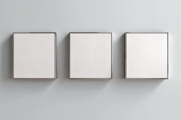 Three square, blank canvases with silver frames are displayed in a row against a light gray wall, casting subtle shadows