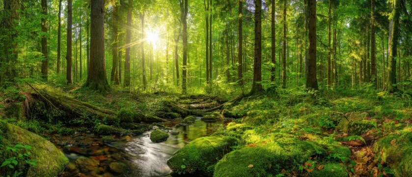 The sunlit forest stream flowing through vibrant green woodland.