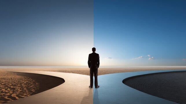 Businessperson stands at a crossroads, contemplating two paths.