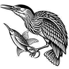 Naklejka premium Detailed black and white illustration of a heron catching a fish