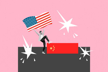 Trend artwork creative sketch 3D photo collage of young man step china hand hold usa flag china geo...
