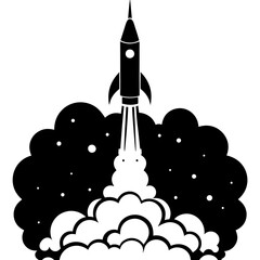 Black and white silhouette of a rocket launching with billowing smoke and stars