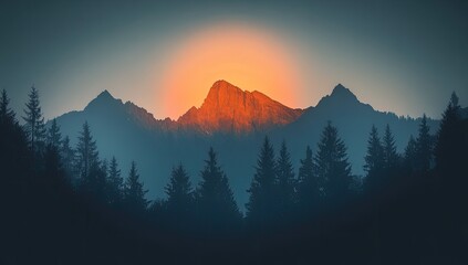 Mountain peak bathed in sunrise, silhouette trees