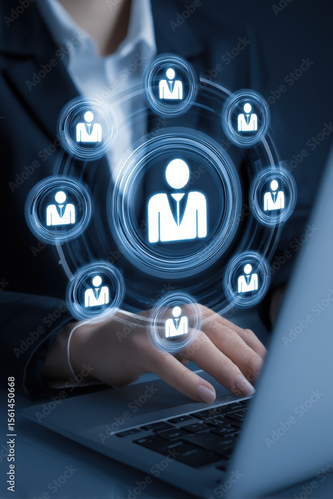 Poster person icons displayed in a circular pattern over a laptop keyboard.