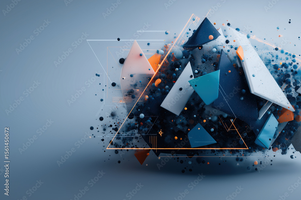 Poster abstract geometric composition features fragmented triangular shapes with dynamic particle effects
