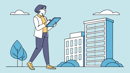 Woman in glasses walks holding tablet in front of buildings and clouds in a light blue background view