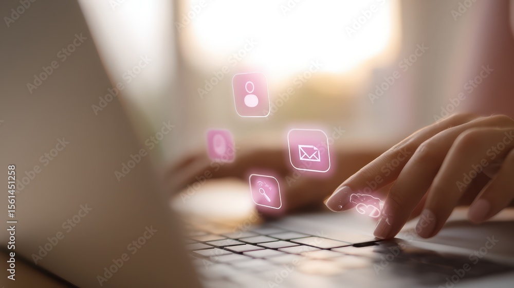 Poster hands typing on a laptop with hovering digital icons.