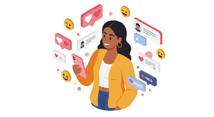 A smiling woman interacts with social media on her mobile phone, surrounded by floating icons.