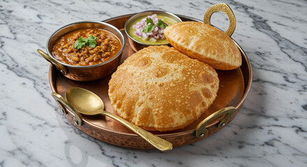 Indian fried bread served with spicy chickpea curry and onion chutney on copper tray with golden spoon, placed on marble surface, showcasing traditional cuisine with vibrant colors and textures