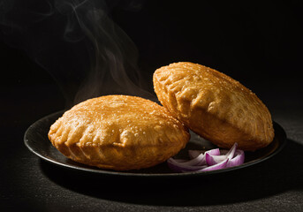 Hot fried Indian bread stuffed with spicy filling served with sliced onion on black plate, delicious snack with crispy texture and warm aroma