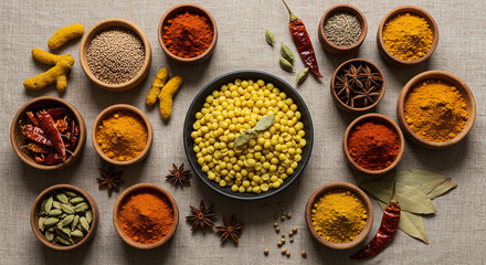 Yellow lentil in bowl with variety of spices in wooden bowls on linen fabric background, warm colors create cozy and inviting atmosphere