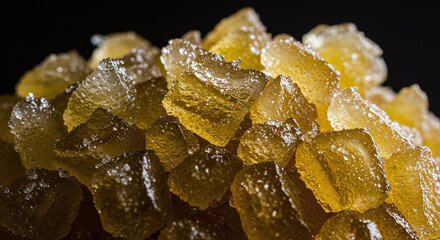 Golden translucent gummy candy cubes with sugar crystals sparkle under light, creating tempting and sweet texture close up image