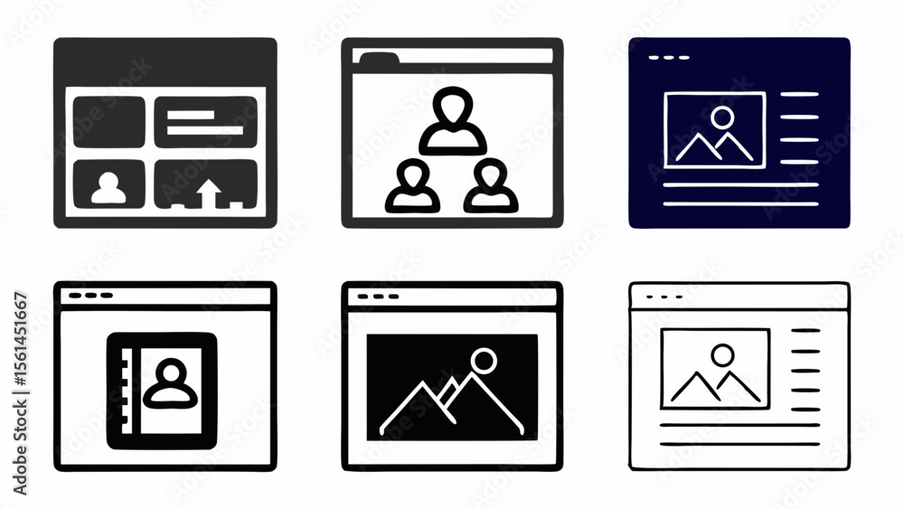 Poster collection of six simple web page interface icons representing different content layouts and user in