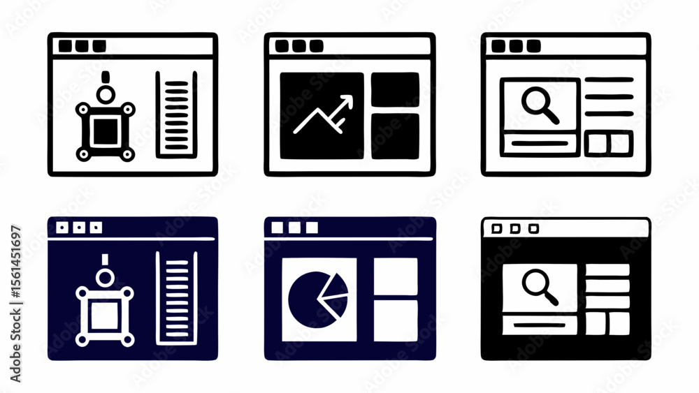 Poster Collection of six website interface icons representing data analysis and search functions isolated on white background