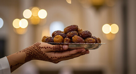 Hand holding plate of dates with henna design, warm bokeh background, festive and traditional atmosphere