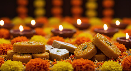 Sweet Indian dessert with marigold flower decoration and lit oil lamps for festive celebration