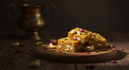 Indian sweet bar with cashew nut and pistachio on wooden board with dark background, warm light creating cozy and inviting atmosphere