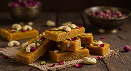 Traditional Indian sweet made from gram flour and garnished with cashew nut and rose petals, arranged on rustic wooden surface creating warm and inviting atmosphere
