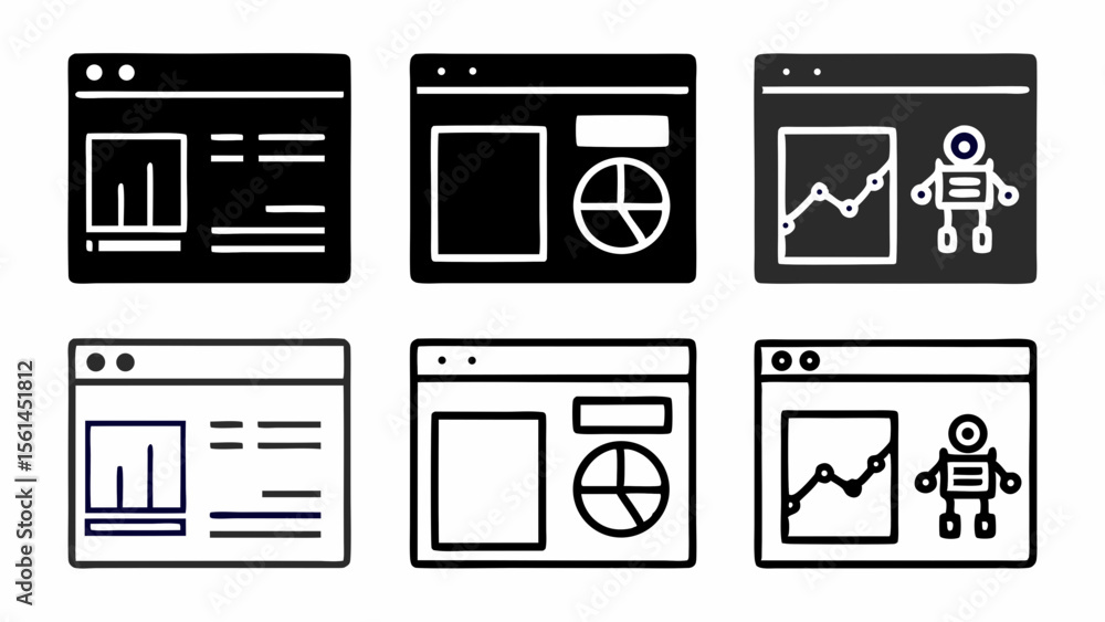 Poster set of six dashboard interface icons with graphs and robot illustration isolated on white background