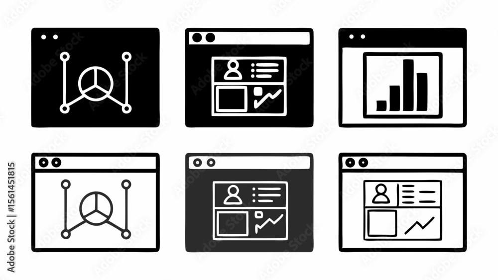 Poster set of six hand drawn web browser window icons representing data and analytics isolated on white bac