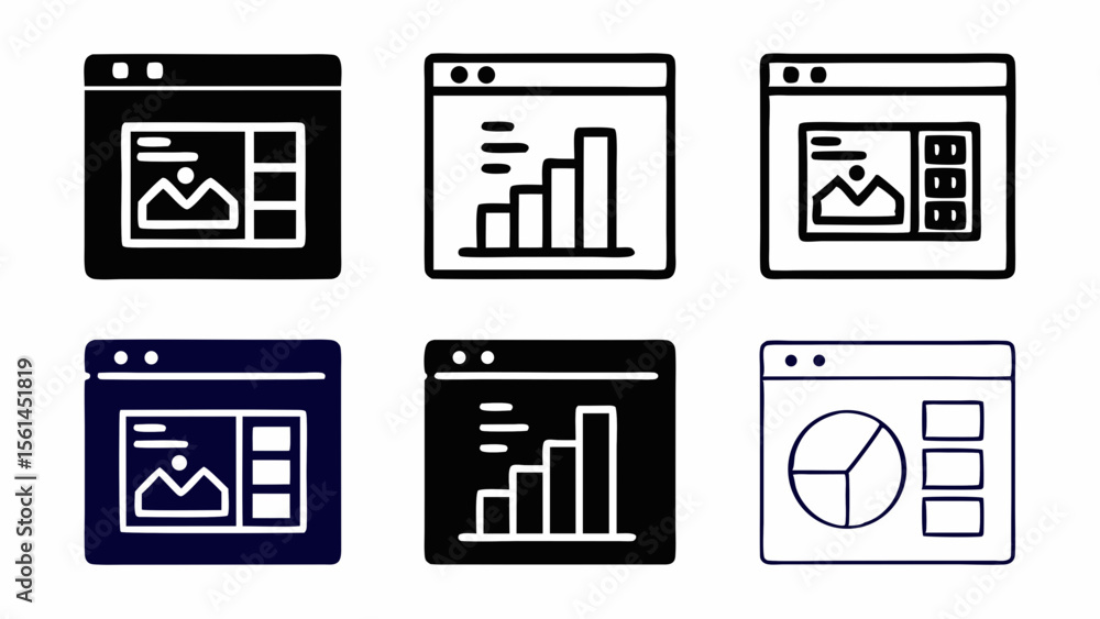 Poster collection of hand drawn dashboard interface icons with charts and images isolated on white backgrou