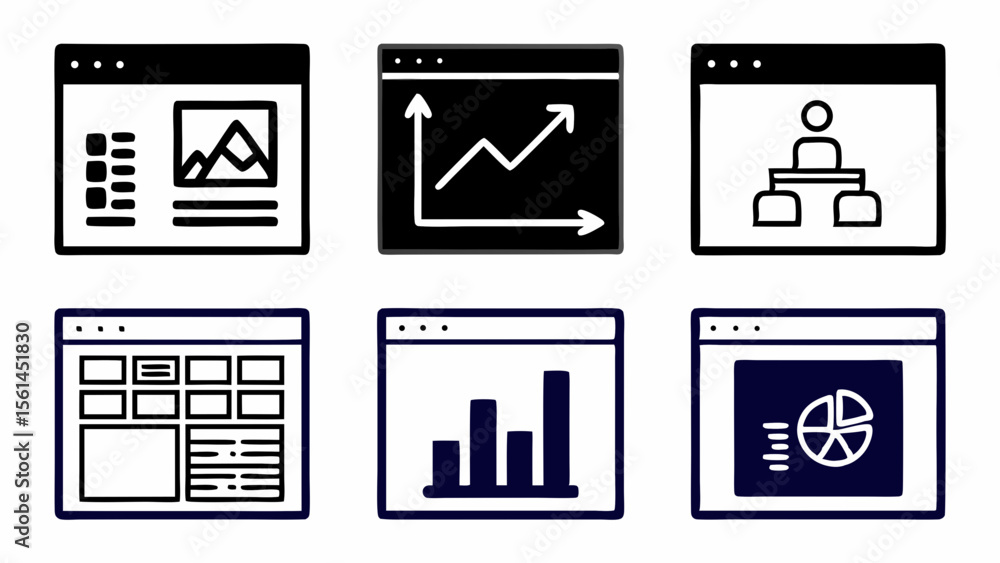 Poster collection of six hand drawn icons representing data analysis and web interfaces isolated on white b