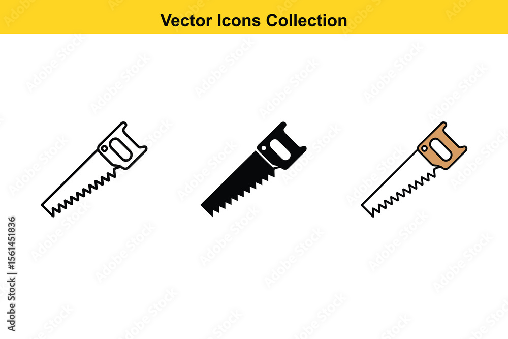 Poster collection of three vector saw icons in different styles on a white background