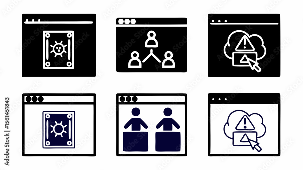 Poster set of six simple browser window icons representing security teamwork and alerts isolated on white b