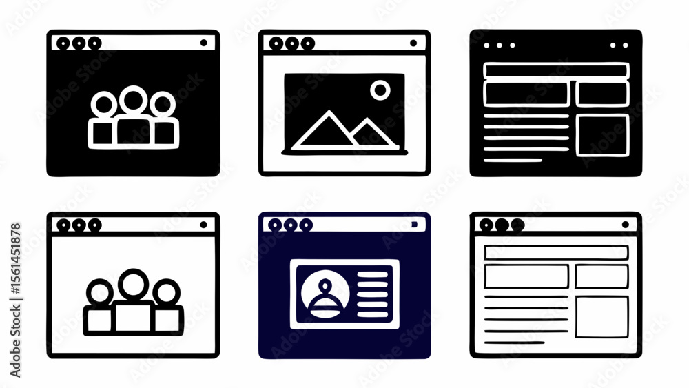 Poster collection of six simple website interface icons representing different content types isolated on wh