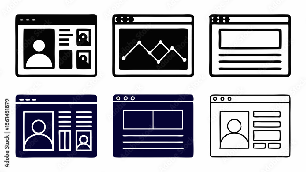 Poster collection of six website interface icons with profile and graph elements isolated on white backgrou