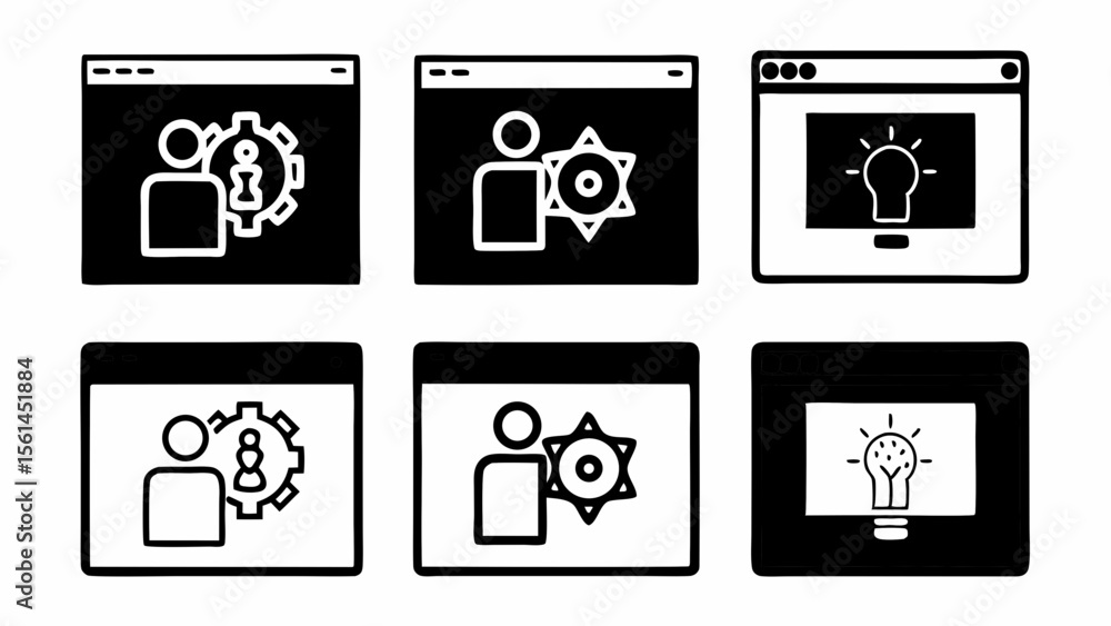 Poster set of six simple icons representing user settings gears and ideas isolated on white background
