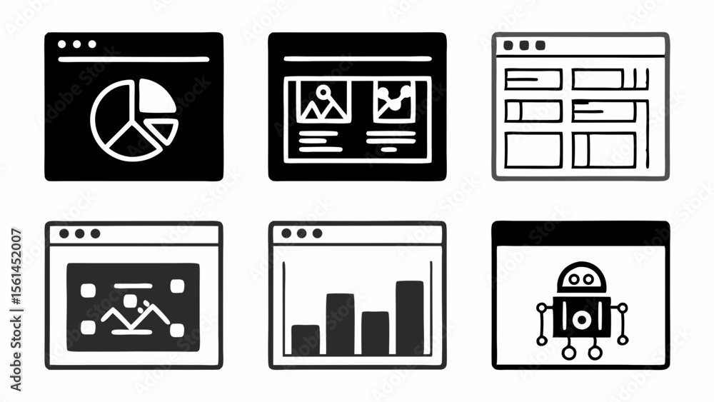 Poster collection of six website interface icons representing data analysis and technology isolated on whit