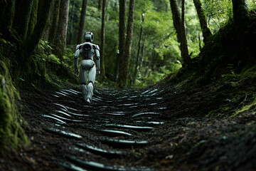 Robot walking through forest leaving mechanical footprints