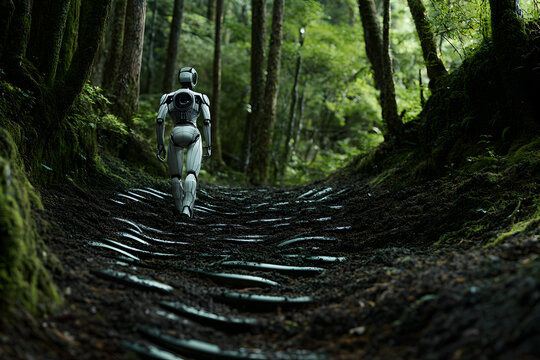 Robot walking through forest leaving mechanical footprints