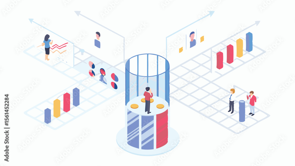 Aufkleber isometric illustration of business analysis with graphs and charts and central platform view