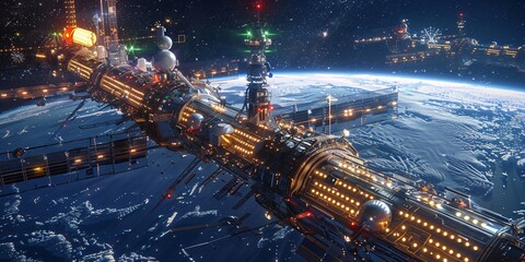 A futuristic space station orbits earth, with city lights visible below in the night