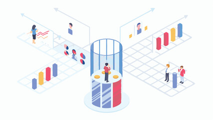 Isometric illustration of business analysis with graphs and charts and central platform view