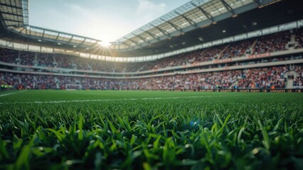 Soccer stadium: Green field, packed stands, and bright sunlight at the stadium, full of fans watching a match.