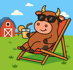 Cute cartoon cow in sunglasses relaxing on a deck chair with orange juice on a sunny farm. Fun summer countryside scene in flat vector style. Perfect for kids and farm-themed designs.