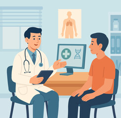 Patient talking to doctor in modern clinic. Healthcare consultation with medical symbols, computer, and stethoscope. Flat vector illustration for medicine, wellness, and health topics.