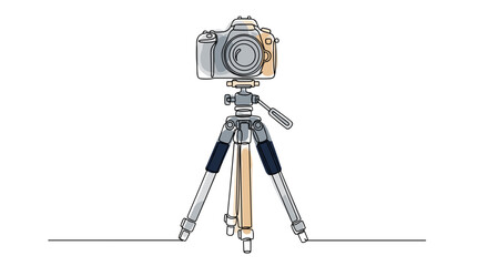 One line doodle drawing of camera tripod with DSLR outline, watercolor fill in cool gray, soft navy and light tan on white background
